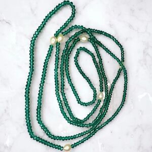 Flapper Length 56” Emerald Green Genuine Faceted Beads Necklace Genuine Pearls